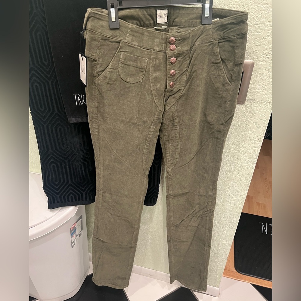 Olive Green Moto Corduroy Button-Up Pants by Charlie M NWT